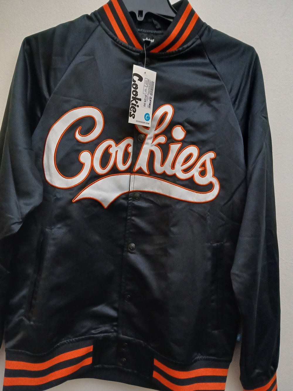 Cookies Black/Orange Satin Jacket with and White Script Sizes S /M/L New $85 - Picture 7 of 9
